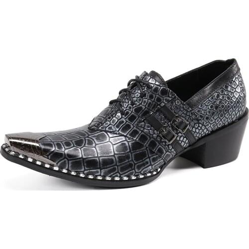 Autumn Casual New Mens Classic Fashion Shoes Personality Crocodile Grain Cowhide Leather High-heeled Retro Mens Shoes