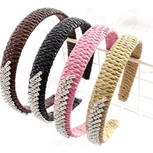 Romantic Rhinestone Crystal Hand Made Hairbands For Girls Popular Pu Winding Simple Headbands For Engagement Party Hair Headwear
