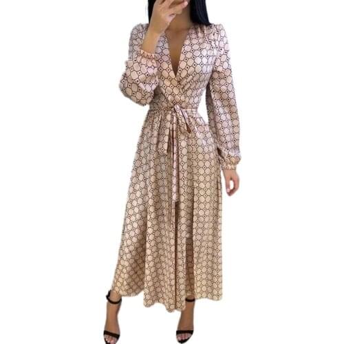 Spring and Autumn Womens Dress Fashion Temperament Cotton and Linen Print Mid-length Dress French Dress Women
