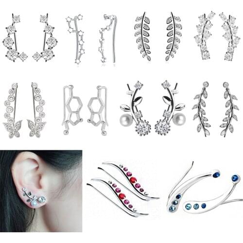 2PCS Silver Color Ear Crawlers Climbers Hellix Stud Earrings Piercing Tragus Leaf Clip Cuffs Women Man Body Jewelry Gift Oreja