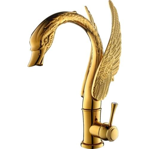 Gold finish Single hole bathroom basin Lavatory sink Swan Tall faucet Deck mounted Crystal handle