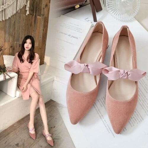 Bow flat shoes pointed leather scrub ladies shoes sheep suede Mary Jane fashion casual shoes spring pink womens shoes