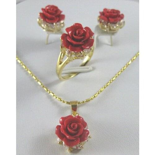 Fine quality jewelry wholesale good beautiful 12MM red Coral Carved Flower Earrings Ring Necklace Pendant 5.31 -jewelry