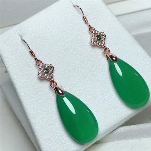 Real Rose Gold 925 Sterling Silver Water Drop Earrings Natural Green Red Jade Earrings For Women Gemstone Party Fine Jewelry New