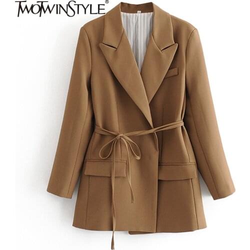 TWOTWINSTYLE Lace Up Bowknot Blazer Coats For Female Lapel Collar Long Sleeve High Waist Slimming Womens Casual Coat New 2021