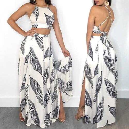 Women Casual Leaf Printed White Sexy Cropped Halter Top & High Split Bohemian Maxi Skirt Sets Vacation Beach Summer Dress 2021