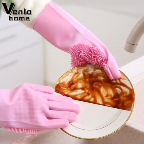 1 Pair Magic Silicone Dish Washing Gloves Easy Clean Household Rubber Scrubbing Gloves Kitchen Bed Bathroom Cleaning Tools