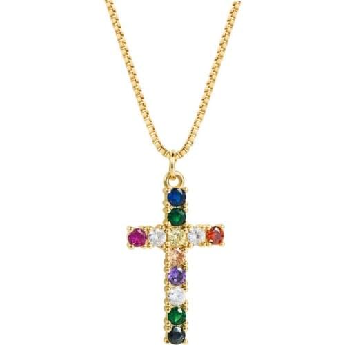 2pcs Delicate Cross pendant with a brass micro-inlaid colorful zircon necklace