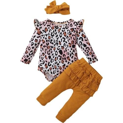 2021 Toddler Girls Clothes Kid Long Sleeve Leopard Romper Bodysuits Ruffle Pant Bow Headband Outfits Infant Clothing