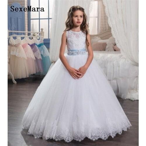 White Ball Gown Lace Applique Flower Girl Dress for Wedding with Sash Kids Clothes Children First Communion Dress Size 2-16Years