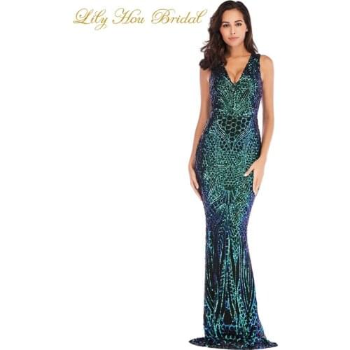 Glitter Lace Mermaid Evening Dresses Woman Party Night V Neck Sleeveless Floor Length Cheap High Quality Pageant Gowns