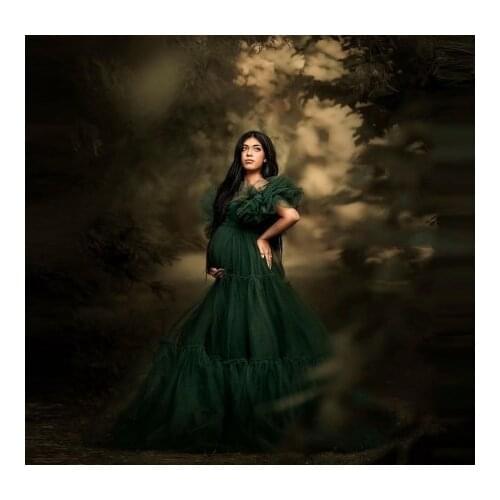 Elegant Dark Green Maternity Dresses Puffy Ball Gown Long Bridal Pregnancy Gowns Short Sleeves Pleated Ruffles Photo Shoot Outfi