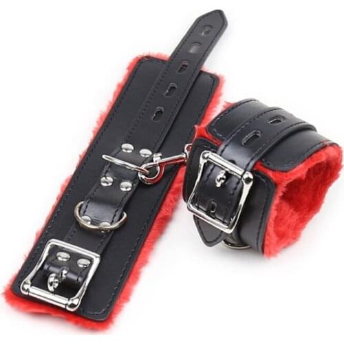 Erotic Genuine Leather Hands And Handcuffs Plush Red Black Handcuffs Couples
