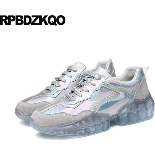 Silver fashion sneakers leisure designer shoes women luxury 2019 holographic platform thick sole metallic trainers lace up flats
