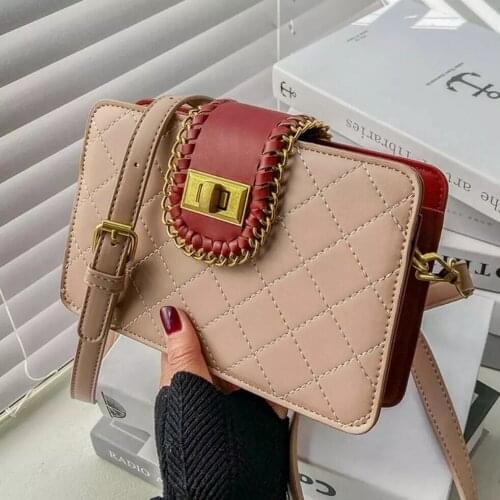 Lattice Square Crossbody bag 2021 New High-quality PU Leather Womens Designer Handbag Contrast color Shoulder Messenger Bag