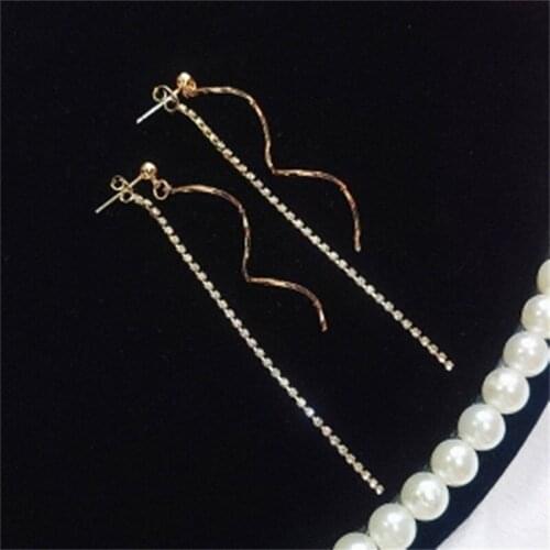 Fashion Korean Tassel Chain Earrings S Shape Wave Long Rhinestone Earrings Personality Metal Brincos Jewelry Wholesale