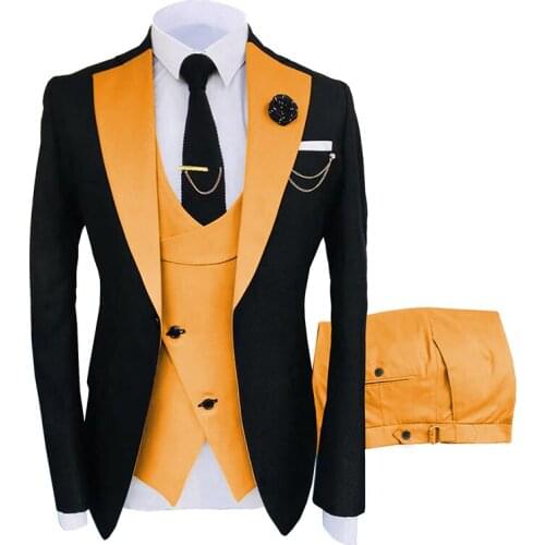 Formal Business Fashion 3 Pieces Mens Suit Solid Tuxedos Jacket Blue Brown Gold for Wedding Groom(Blazer+Vest+Pants)