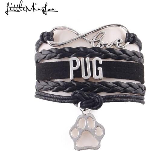 Little Minglou infinity love PUG bracelet pet dog paw charm leather wrap men bracelets & bangles for women jewelry drop shipping