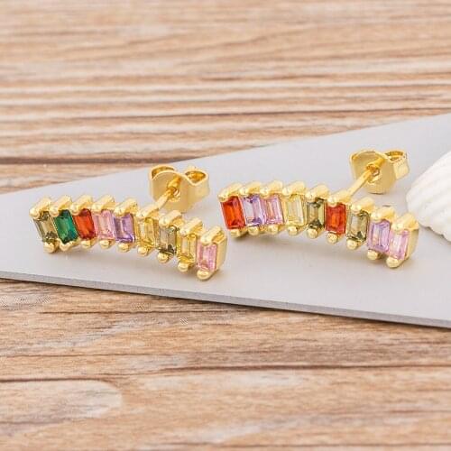 Top Quality Fashion Colorful Copper Zircon Rectangle Stud Earrings For Women Rainbow Jewelry Best Party Wedding Engagement Gift