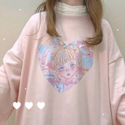 Autumn Sweet Girl Japanese Cute Kawaii Woman Hoodie Preppy Style Gentle Fairy Cartoon Anime Pullover Pink Girl Love Loose Tops