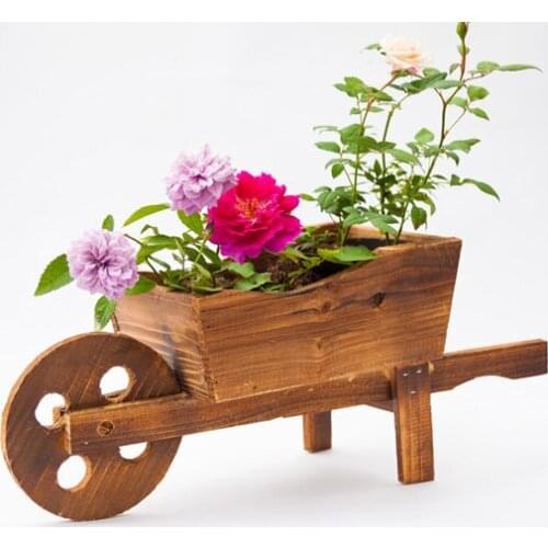 Carbonization finish handmade solid wood wheelbarrow planters