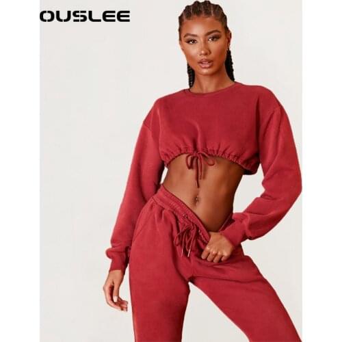 OUSLEE 2 Piece Tracksuits Set Women Short Crop Top High Waist Pants Sets Female Sporty Loose Casual Outfits Streetwear Plus Size