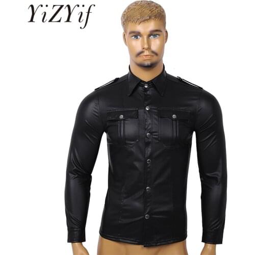 Men Long Sleeve Button Down Slim Fit Nightclub Shirts Trend Wet Look Patent Leather Turn-down Collar Shirts Club Dance Clothes