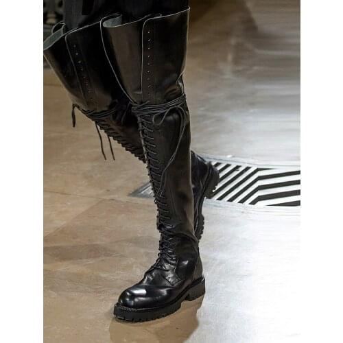 Thick Heel Lace Up Riding Boots Thigh High Round Toe Zipper Over The Knee Black Leather Winter Women Boots Casual Low Heel Shoes