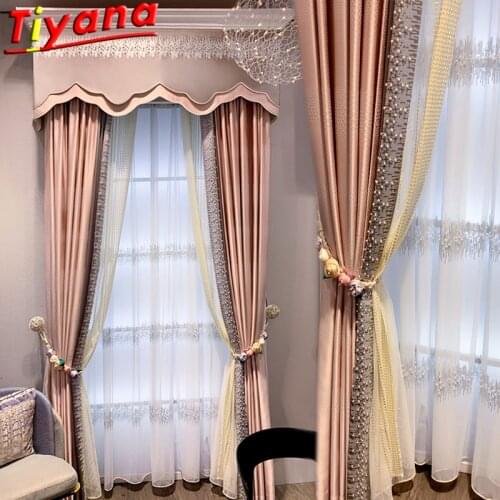 Pearls Sequins Embroidered Curtains for Living Room Luxury Pink 75-90% Blackout Curtains for Bedroom Pink Valance #35