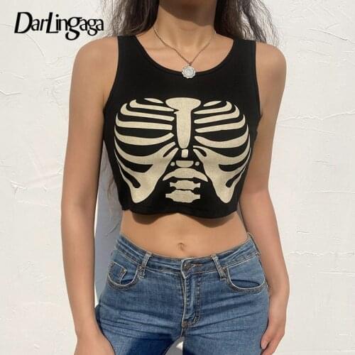 Darlingaga Streetwear Punk Style Print Black Tank Top Bodycon Fashion Summer Crop Tops Female Gothci Dark Clothes Vest Aesthetic