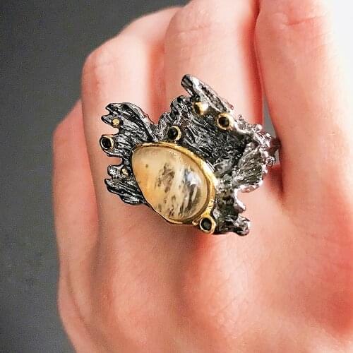 Amazing Goldfish design Ring Hyperbolic Jewellery Gun Black Water melon brown stone Irrecgular large Rings