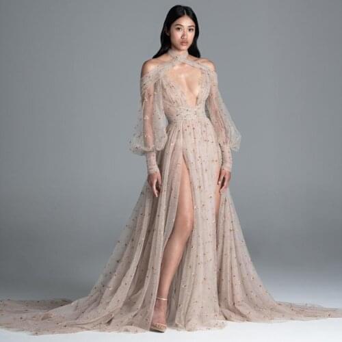 2020 Split Prom Dresses Halter V Neck Long Sleeves Evening Gowns A Line Plus Size Sweep Train Tulle Side Slit Formal Dress