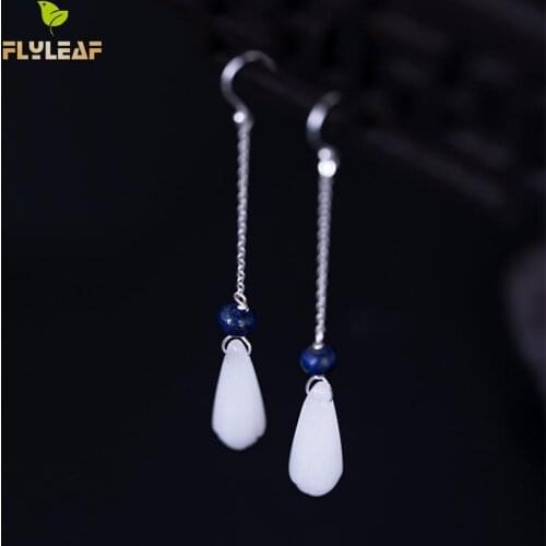 Flyleaf 100% 925 Sterling Silver Magnolia Flower jade Long Drop Earrings For Women China Vintage Style Lady Party Dinner Jewelry