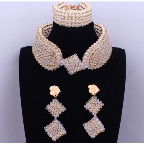 Dudo Jewelry Nigerian Beads Transparent White & Gold Choker Necklace Set African Crystal Beads Bridal Jewelry Set Free Shipping