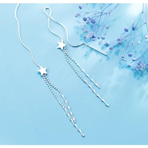 MloveAcc 100% 925 Sterling Silver Star Long Tassels Ear Line Dangle Earrings for Women Fashion Jewelry Gift