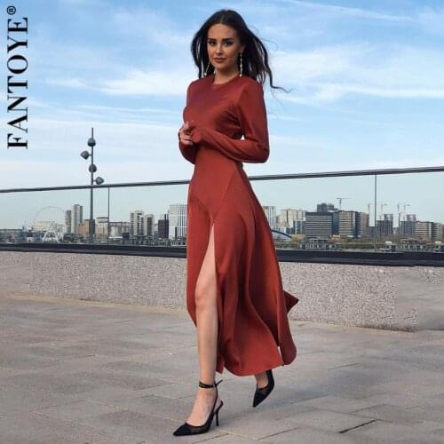 Fantoye Fashion Sexy Satin High Side Split Dress Women O Neck Dresses Long Sleeve Elegant Party Prom Solid Vestido De Mujer Hot