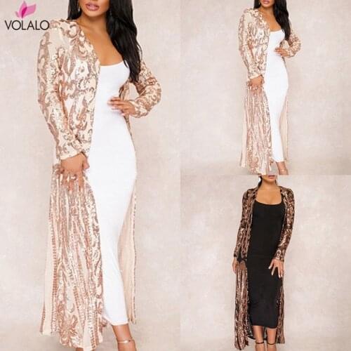 Plus Size 5XL Hot Sales Big Promotion Womens Autumn Long Sleeve V Neck Sequin Perspective Mesh Long Coat Tops for Ladies Women