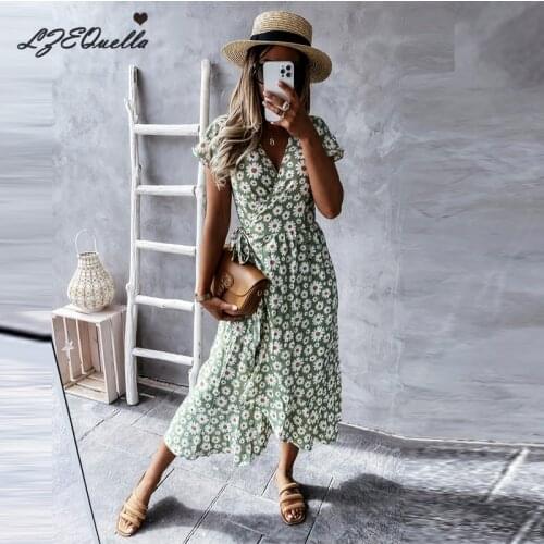 Summer Floral Print Boho Dress Women Short Sleeve V Neck Ruffles Pleated Dresses Party Holiday Sashes Dresses Vestidos NZ3726
