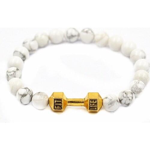 2016 High quality Men Bracelet Natural Stone Metal goldplated Barbell Jewelry Beads Fitness Prayer Dumbbell Bracelets yoga TOMO
