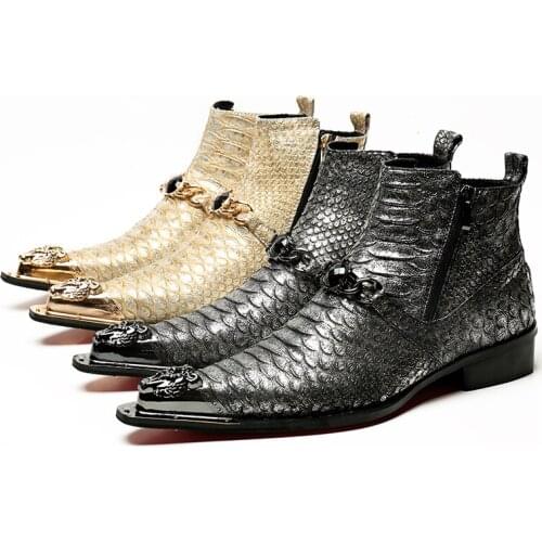 Bota militar genuine leather boots gold gray dress men shoes metal decoration zipper short chelsea boots flats military boots