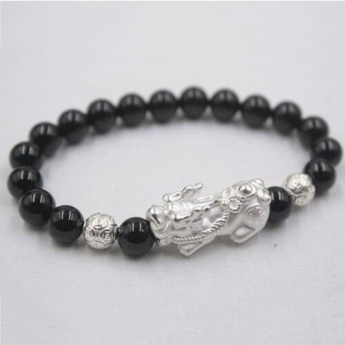 Real 925 Sterling Silver Pixiu Bead Bracelet Onyx bead with Coin bead Bracelet for Men and Women