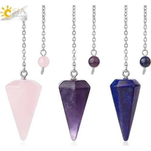CSJA Healing Pendulum for Divination Pink Quartz Pendulums Biolocation Natural Gem Stone Chain Men Reiki Crystal Pendant E112