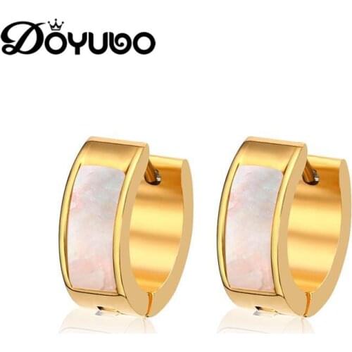 DOYUBO Hot Sale Lady Gold Color Stainless Steel Earrings With Colorful Shell Fashion Girl Round Shell Hoop Earrings JewelryDB033