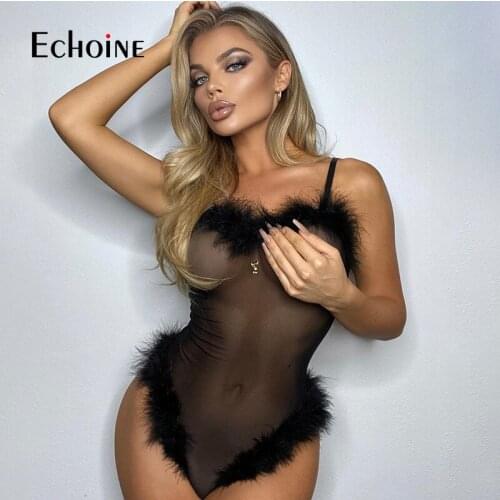 Echoine Sexy Patchwork Net Yarn See-through Feather Edge Sling Sleeveless Mesh Bodysuit Woman Nightclub Party Outfits Summer