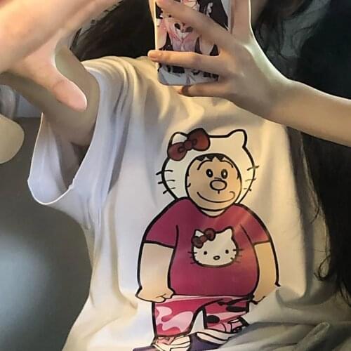 Kitty T-shirt Cute Cartoon Sweet Girls Japan Streetwear Harajuku Summer Pink Fun Kawaii Casual Tops Vintage Loose Women T shirt