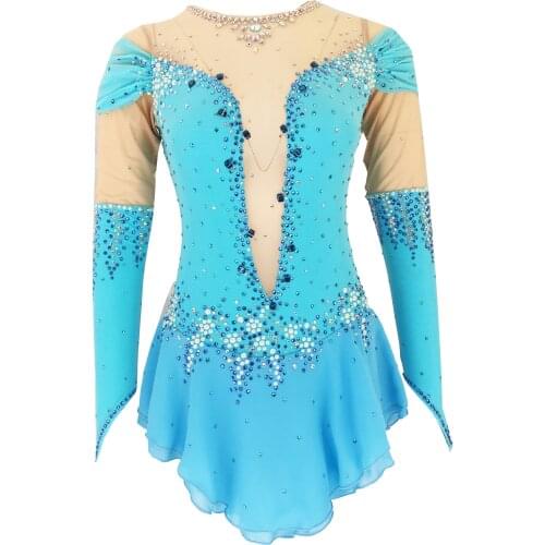 Blue Figure Skating Dress Womens Girls' Ice Skating Dress Khaki Open Back Spandex High Elasticity Training Skating