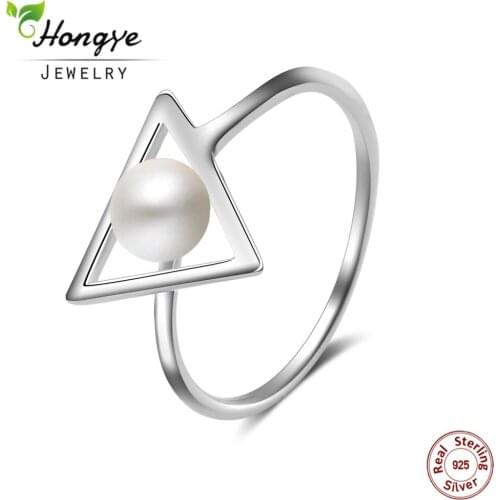 Hongye Natural Freshwater Pearl Rings 925 Sterling silver jewelry Fashion Triangle 6mm Real Pearl Ring for Women Wedding Gift