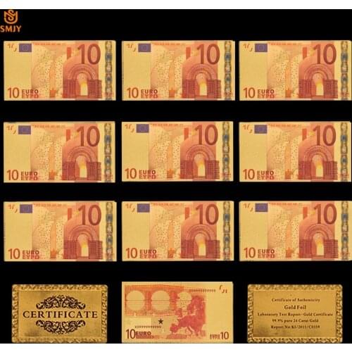 10Pcs Wholesale Replica Gold Foil Banknote Euro 10 Paper Money 24k Gold Banknote Note