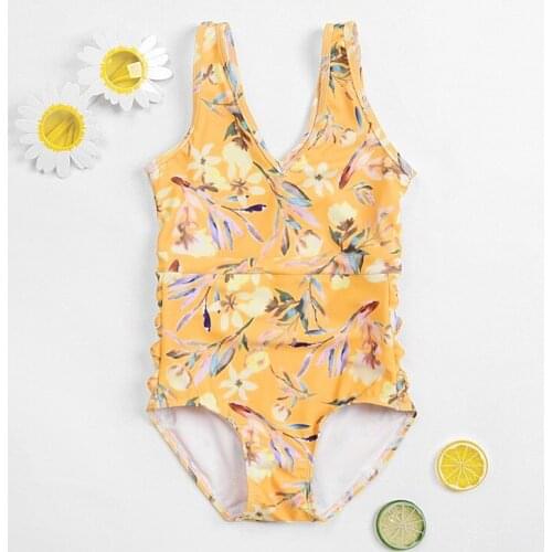 Girl Swimsuit Baby Swimsuit Kids 2021 Summer Sleeveless Yellow Floral Bodysuit Bikini One-Piece Backless Beachwear Swimwear
