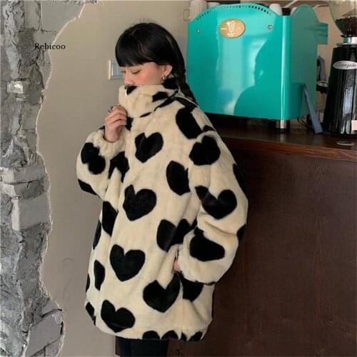 Winter Girls Harajuku Heart Full Print Plush Jacket Womens Korean Large Size Long Sleeve Printing Coat Lady Faux Fur Outwear